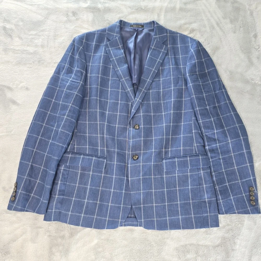 Ralph Lauren 100% Linen Blazer Mens 46L, Blue‎ Windowpane Plaid, 2 Button, Notch